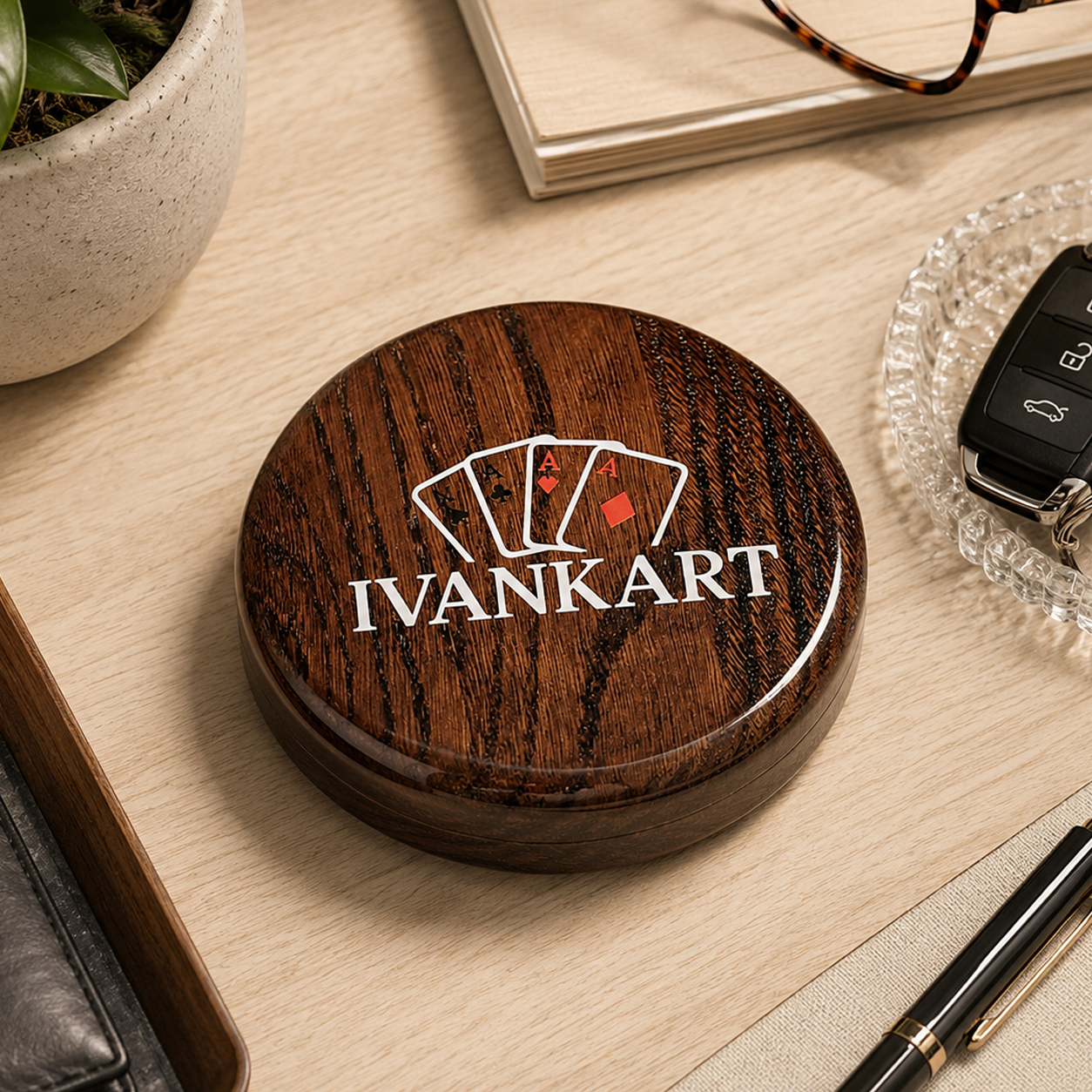 Single Deck Oak Round Case Wenge for Playing Cards