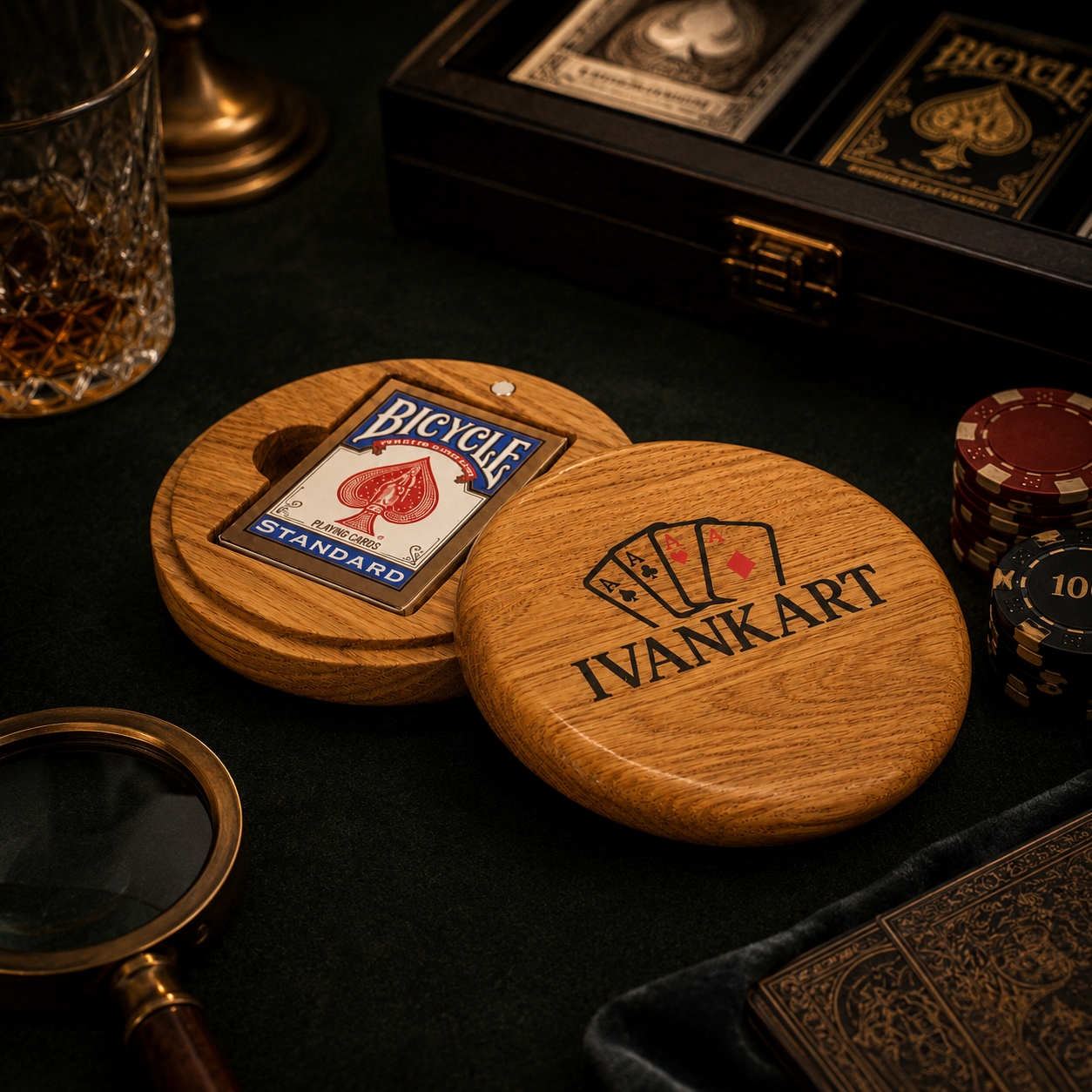 Single Deck Oak Round Case for Playing Cards