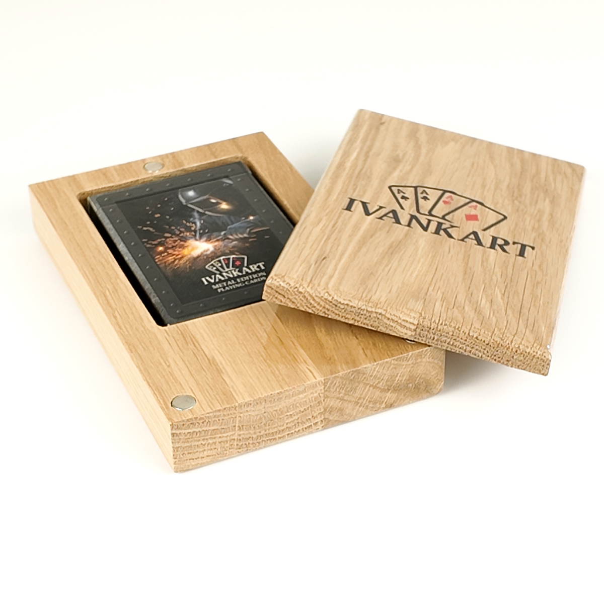 Eikenhouten etui met schuifsysteem voor speelkaarten (één deck)