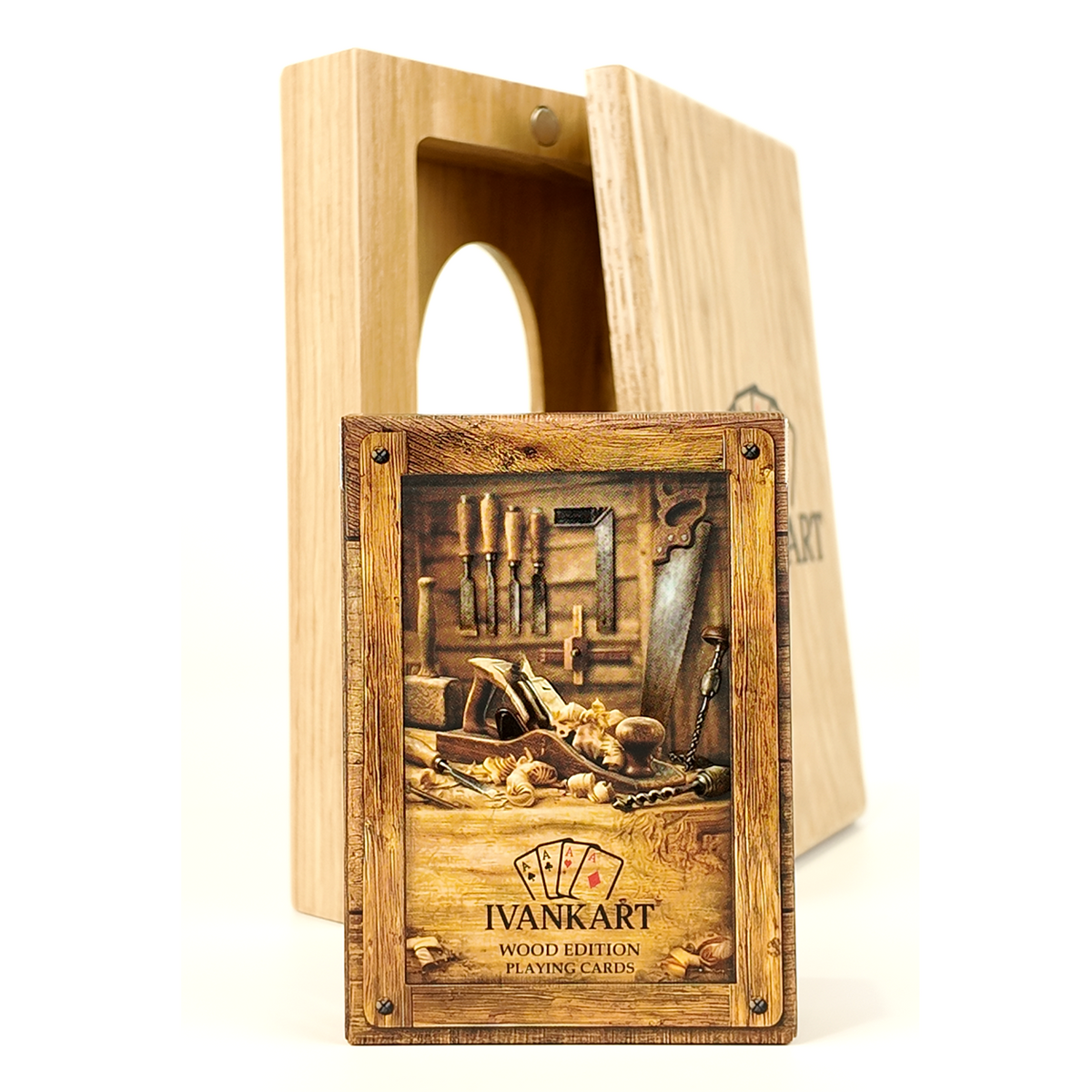Eikenhouten etui met schuifsysteem voor speelkaarten (één deck)