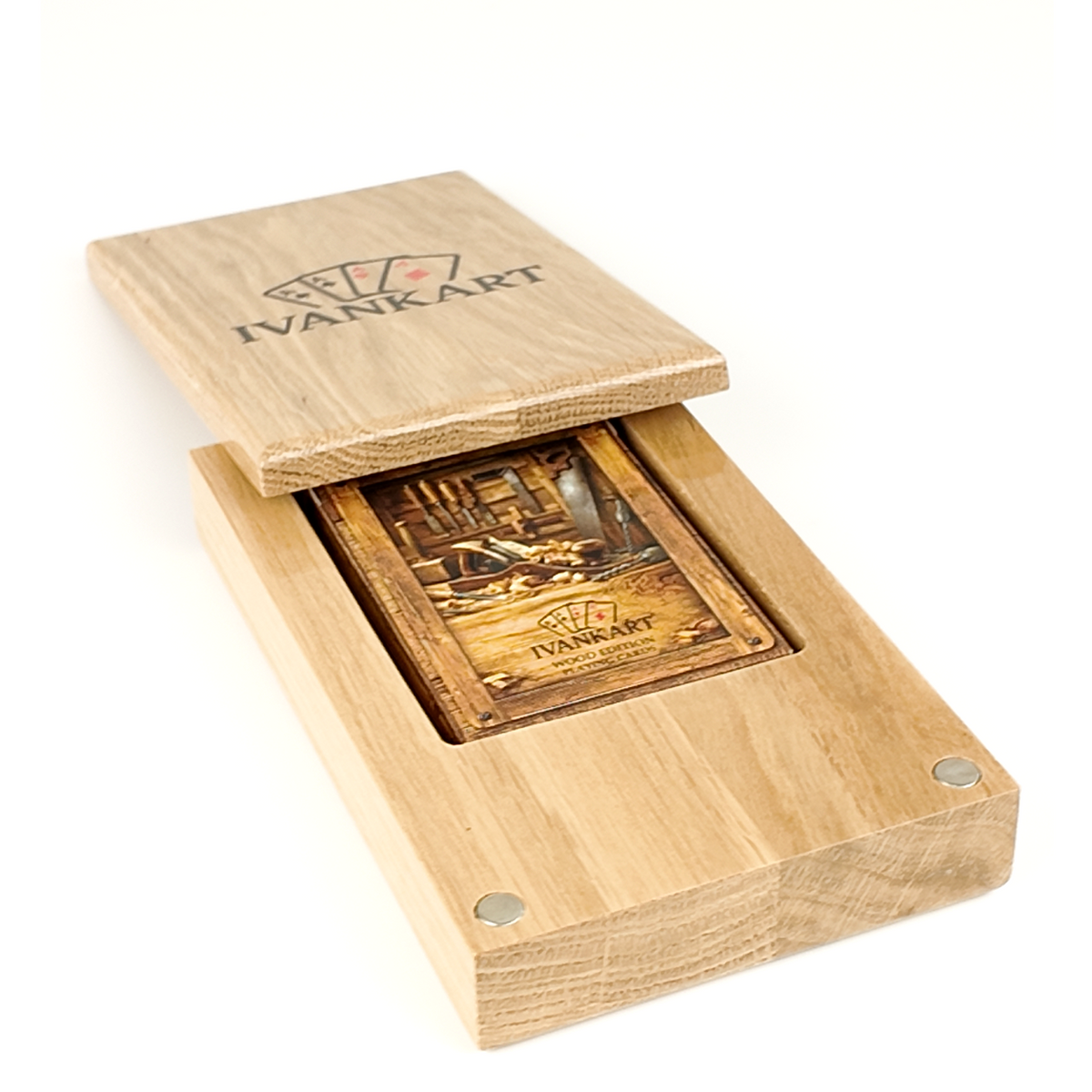 Eikenhouten etui met schuifsysteem voor speelkaarten (één deck)