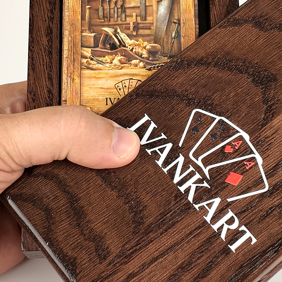 Eikenhouten etui met schuifsysteem voor speelkaarten (één deck)