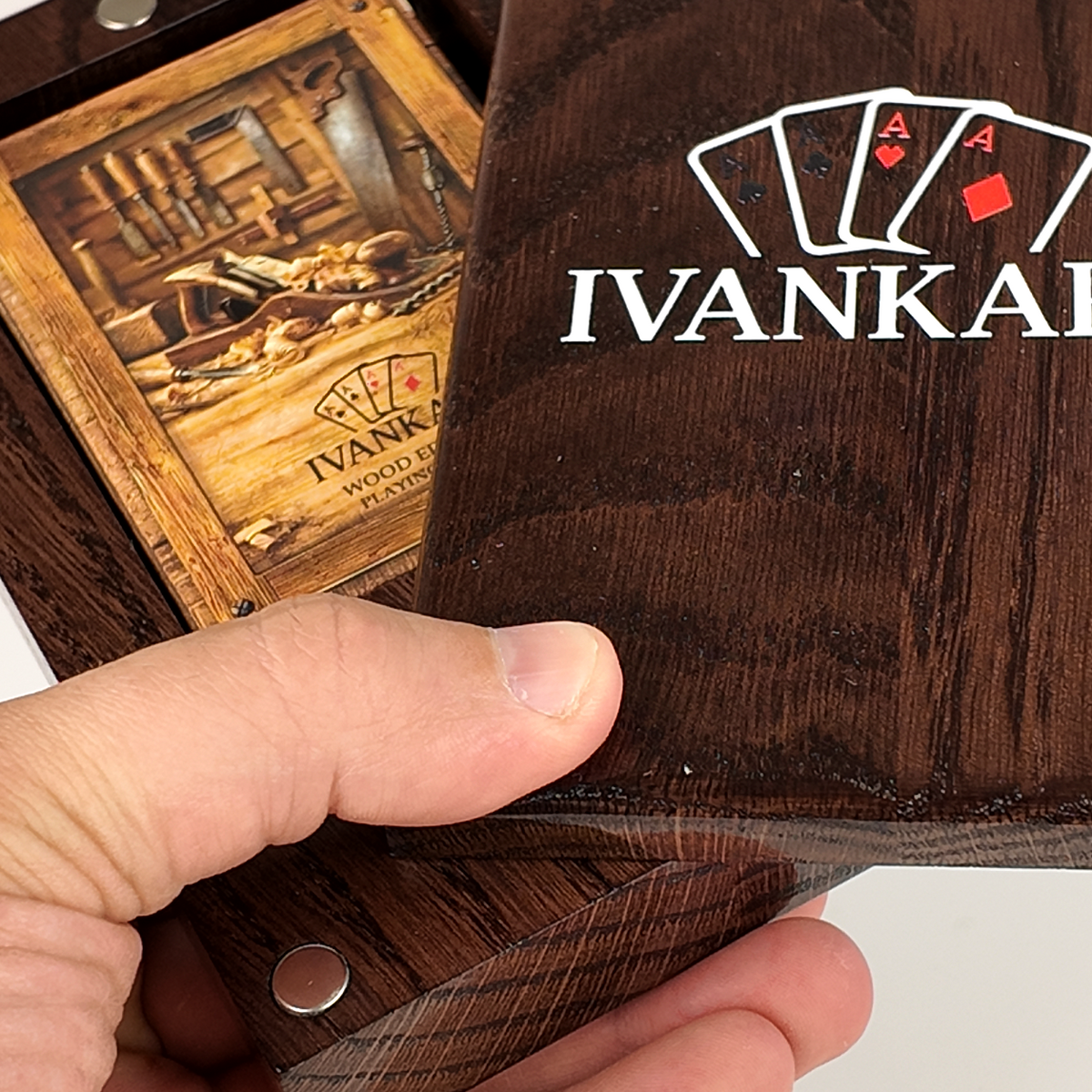 Eikenhouten etui met schuifsysteem voor speelkaarten (één deck)