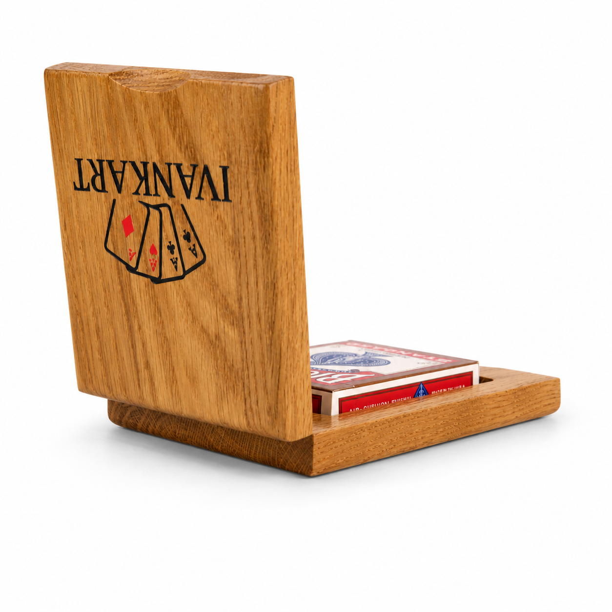 Single Deck Vertical Oak Book-Style Case for Playing Cards